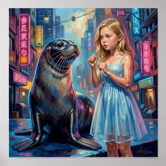 Girl with Seal in Hyperrealistic Neo-Impressionist Poster