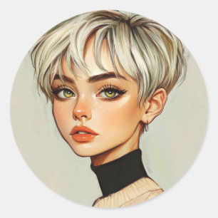 girl with short hair classic round sticker