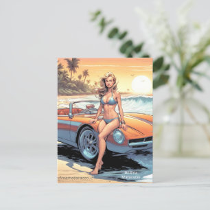 Girl with sports car postcard