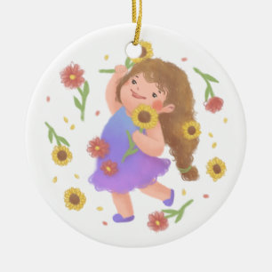 Girl with Sunflowers Illustration Ceramic Ornament