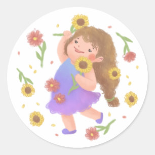 Girl with Sunflowers Illustration Classic Round Sticker