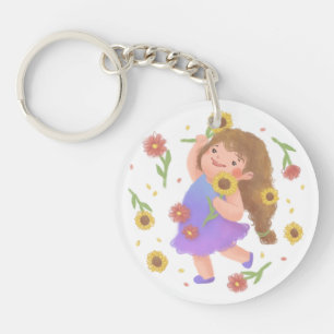 Girl with Sunflowers Illustration Key Ring