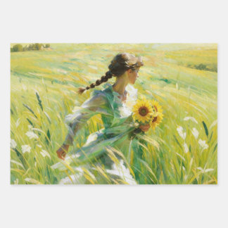 Girl with Sunflowers in Summer Field Wrapping Pape Paper Sheet