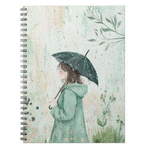 Girl with Teal Umbrella Rainy Garden (2) Notebook
