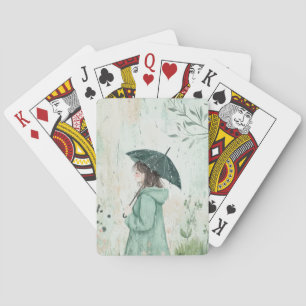 Girl with Teal Umbrella Rainy Garden (2) Playing Cards