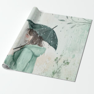Girl with Teal Umbrella Rainy Garden (2) Wrapping Paper