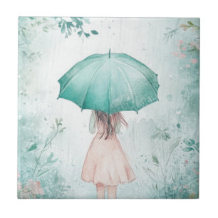 Girl with Teal Umbrella Rainy Garden Ceramic Tile