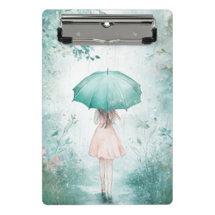 Girl with Teal Umbrella Rainy Garden Mini Clipboard