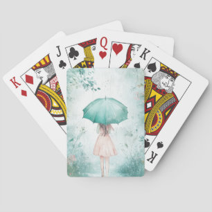 Girl with Teal Umbrella Rainy Garden Playing Cards