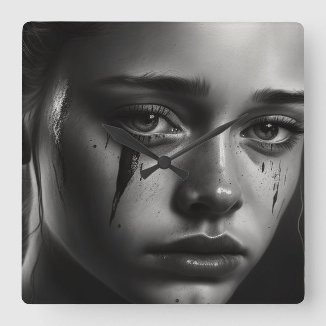 Girl with tears square wall clock (Front)