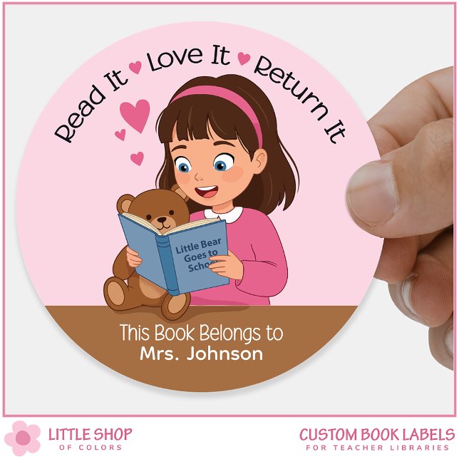 Girl with Teddy Bear Teacher Library Bookplate Classic Round Sticker (Creator Uploaded)