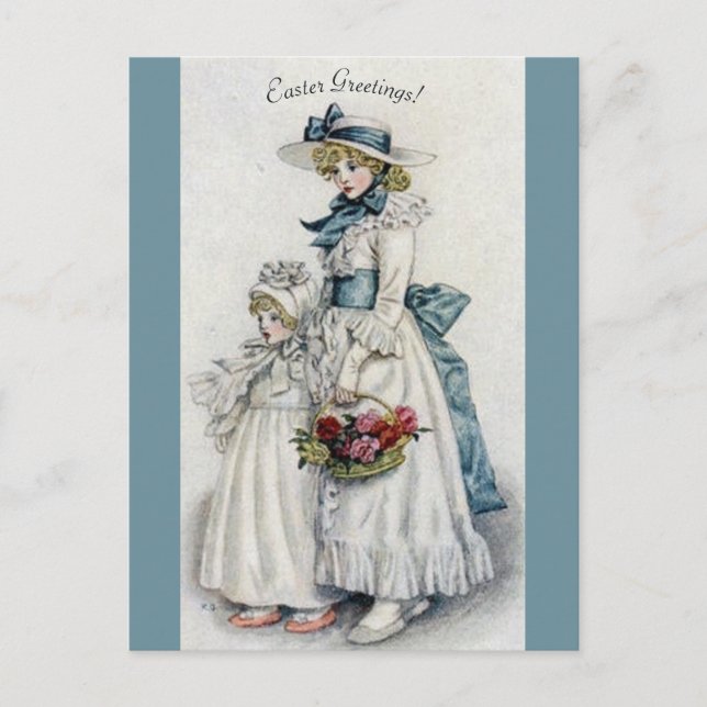 Girl With The Blue Sash and Bonnet Easter Greeting Postcard (Front)