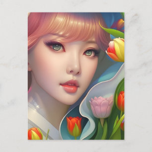 Girl with tulips, postcard for postcrossing