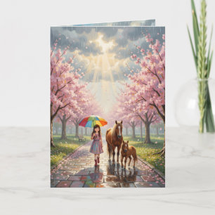 Girl with Umbrella and Pony in Rainy Park Card