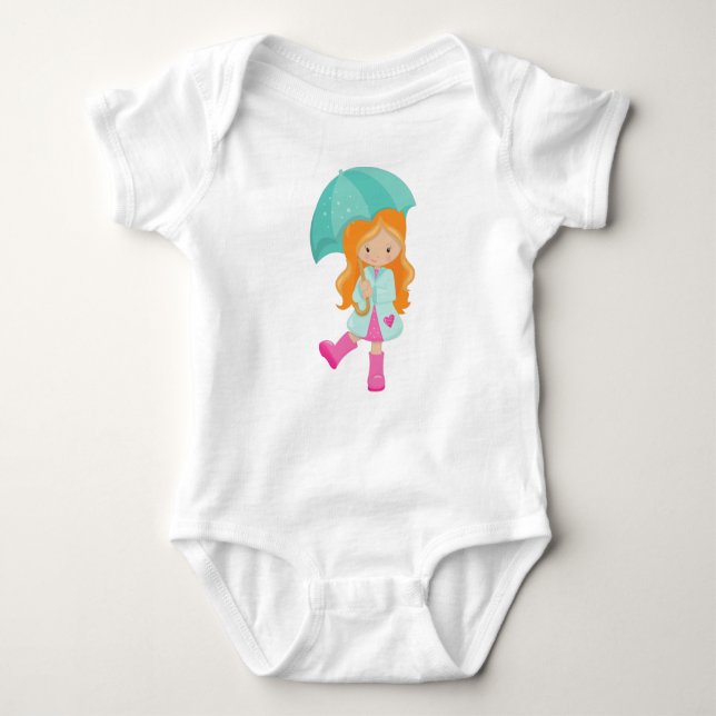 Girl With Umbrella, Girl In Raincoat, Orange Hair Baby Bodysuit (Front)