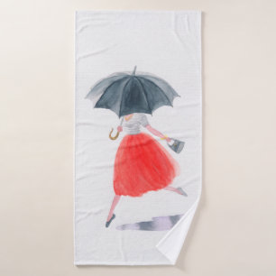 Girl with umbrella in rain. fashion illustration.  bath towel