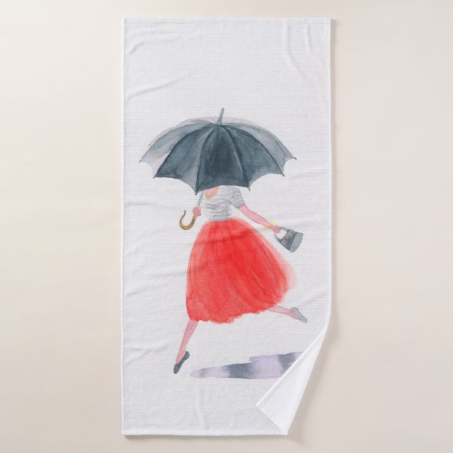 Girl with umbrella in rain. fashion illustration.  bath towel (Bath Towel)