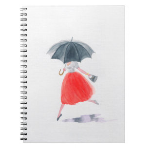 Girl with umbrella in rain. fashion illustration.  notebook