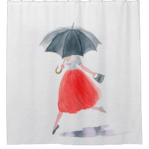 Girl with umbrella in rain. fashion illustration.  shower curtain