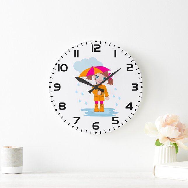 Girl with Umbrella in Rain Kids Rainy Day Large Clock (Creator Uploaded)
