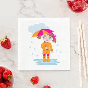 Girl with Umbrella in Rain Kids Rainy Day Napkin