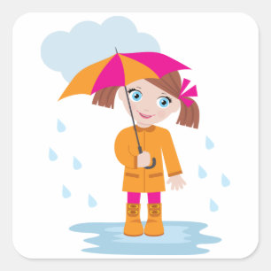 Girl with Umbrella in Rain Kids Rainy Day Square Sticker