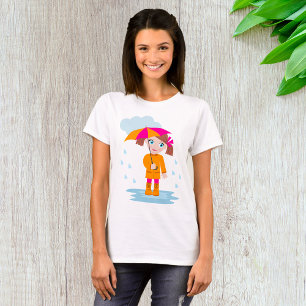 Girl with Umbrella in Rain Kids Rainy Day T-Shirt