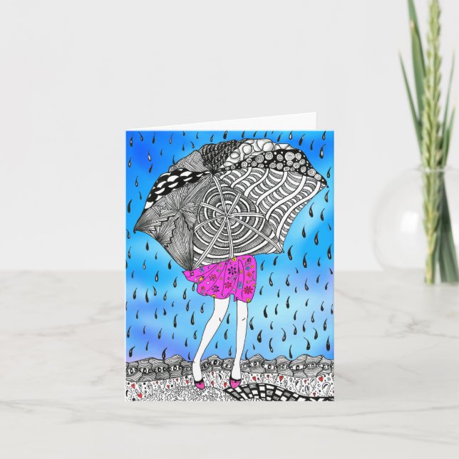 Girl with Umbrella in the Rain Greeting Card (Front)