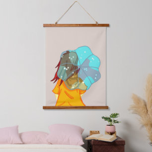 Girl with Umbrella in Wind Drawing Hanging Tapestry