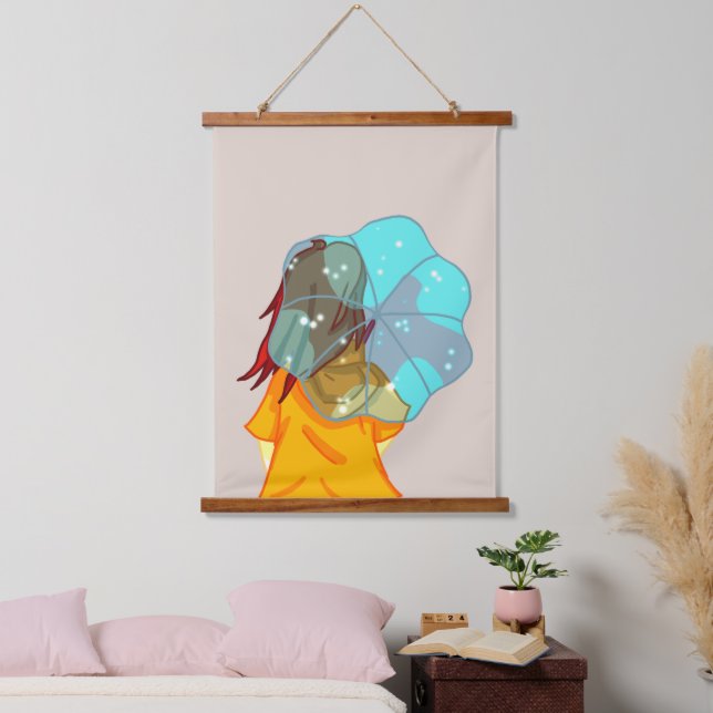 Girl with Umbrella in Wind Drawing Hanging Tapestry (Bedroom)