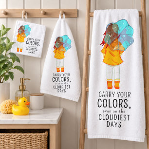 Girl with Umbrella in Wind Positive Quote Bath Towel Set