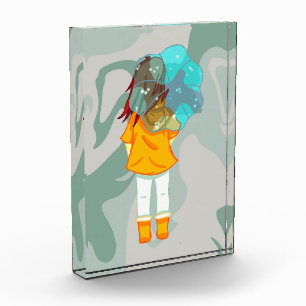 Girl with Umbrella in Wind Rain Green Swirl Photo Block