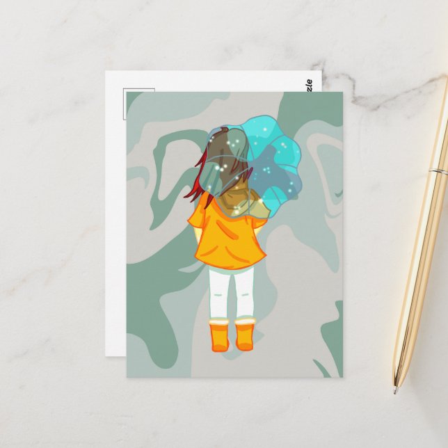 Girl with Umbrella in Wind Rain Green Swirl Postcard (Front/Back In Situ)