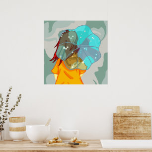 Girl with Umbrella in Wind Rain Green Swirl Poster