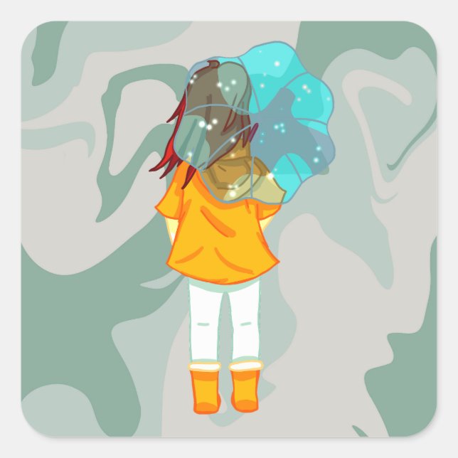 Girl with Umbrella in Wind Rain Green Swirl Square Sticker (Front)