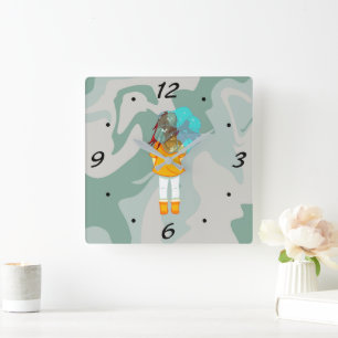 Girl with Umbrella in Wind Rain Green Swirl Square Wall Clock