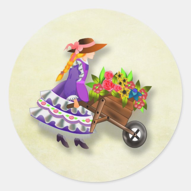 Girl With Wheelbarrow of Colourful Flowers Sticker (Front)