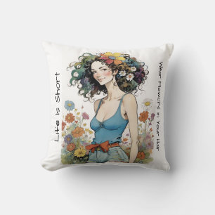 Girl with Wildflowers in Her Hair Cushion