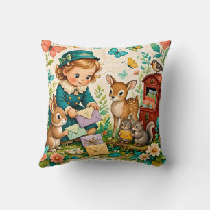 ~ GIRL WITH WOODLAND CREATURES ~ Sweet Vintage~ Cushion