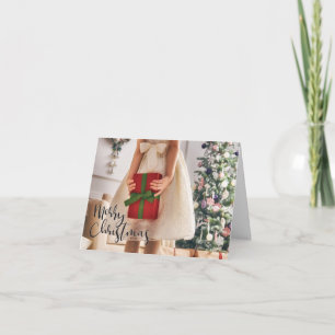 Girl with Wrapped Gift at Christmas Tree Card