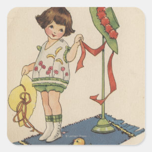 Girl with Yellow Hat and Chick Square Sticker
