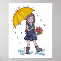 Girl With Yellow Umbrella In Watercolor