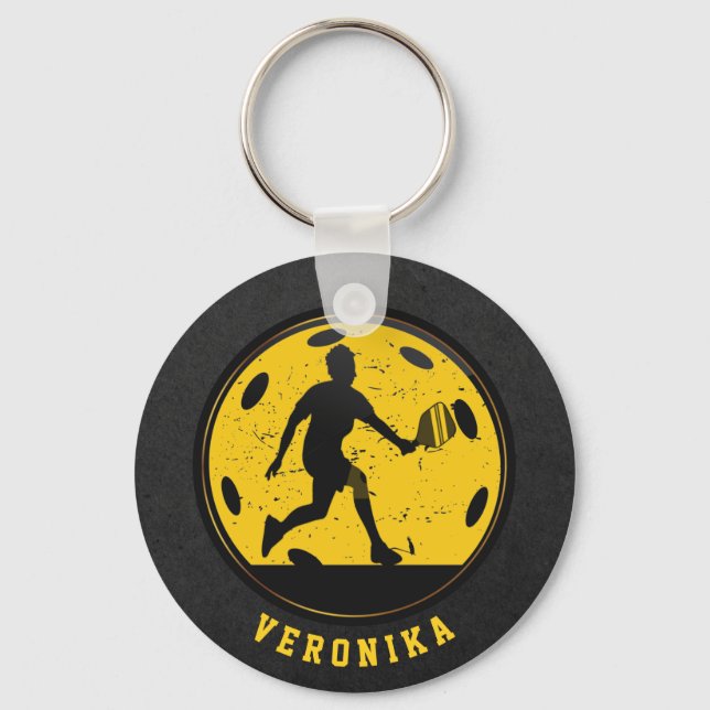 Girl Woman Pickleball Player Racketball Name Black Key Ring (Front)