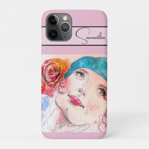 Girl Woman Pink Watercolor Aqua Beret Rose Phone iPhone 11 Pro Case