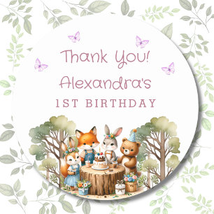 Girl Woodland Animals 1st Birthday Thank You  Classic Round Sticker