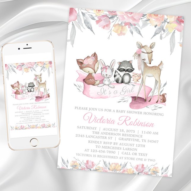 Girl Woodland Animals Baby Shower Invitation (Girls sweet woodland baby shower invitation. Instant download and printed invitations available.)