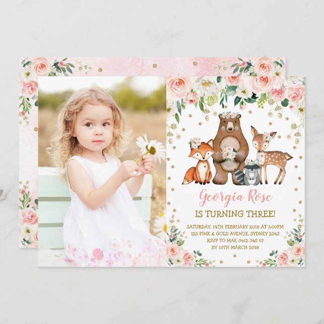 Girl Woodland Animals Birthday Peach Blush Floral Invitation (Front/Back)