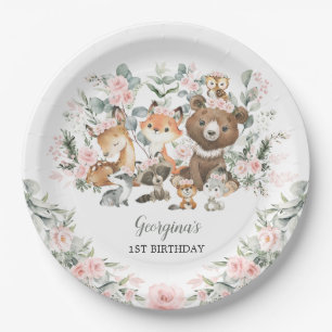 Girl Woodland Animals Eucalyptus Roses Birthday Paper Plate