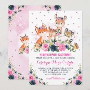 Girl Woodland Animals Navy Pink Floral Baby Shower Invitation