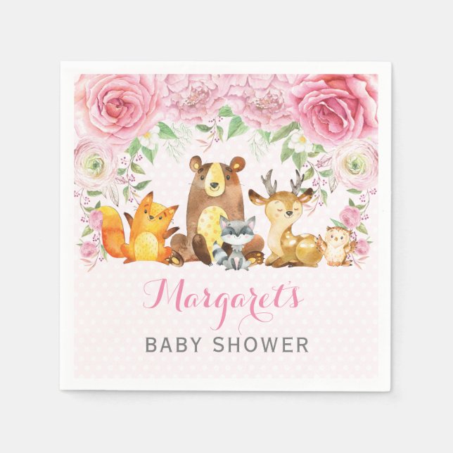 Girl Woodland Animals Pink Floral Baby Shower Napkin (Front)